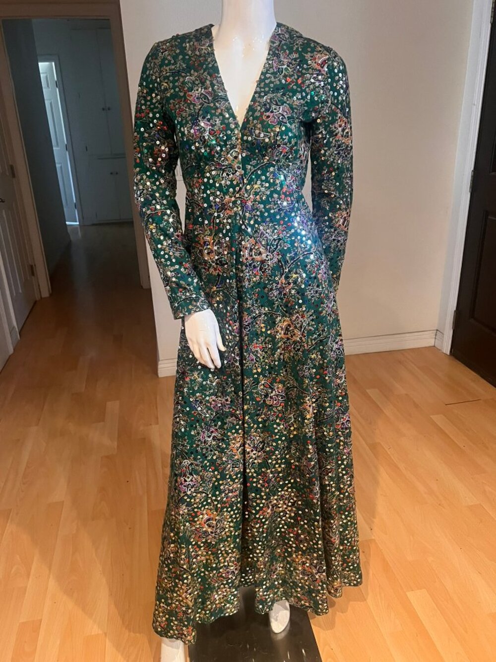 70'S VICTOR COSTA SEQUIN FLORAL MAXI DRESS SIZE XS / 2